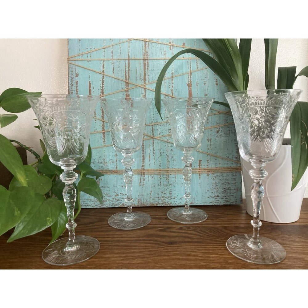 Set Of 4 Vintage Rock Sharpe Floral Etched Crystal 8.5" Water Wine Goblets